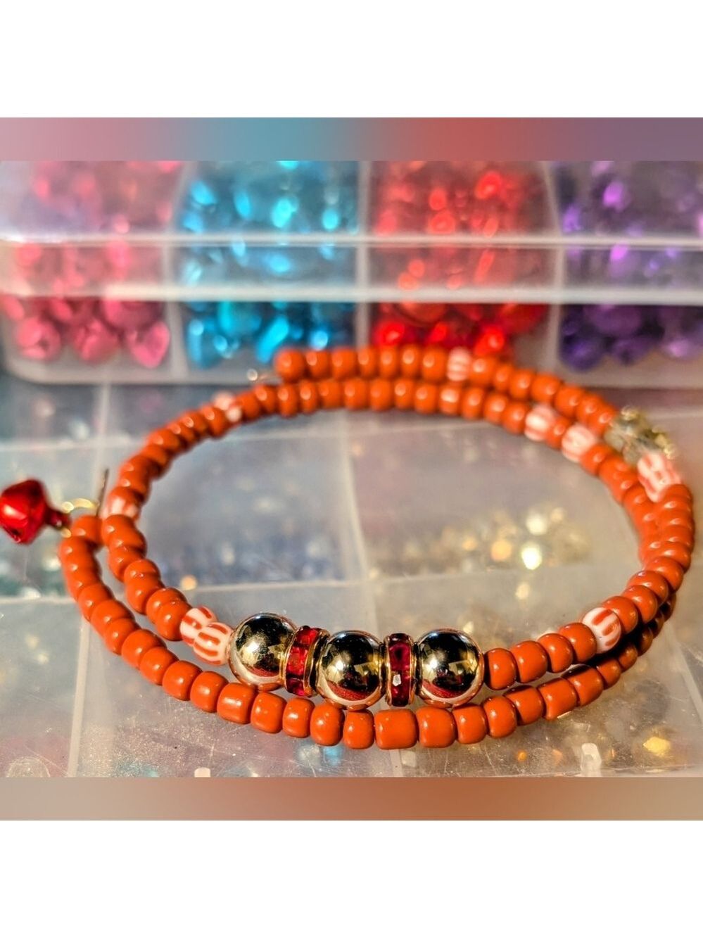 Handmade red and silver memory wire charm bracelet